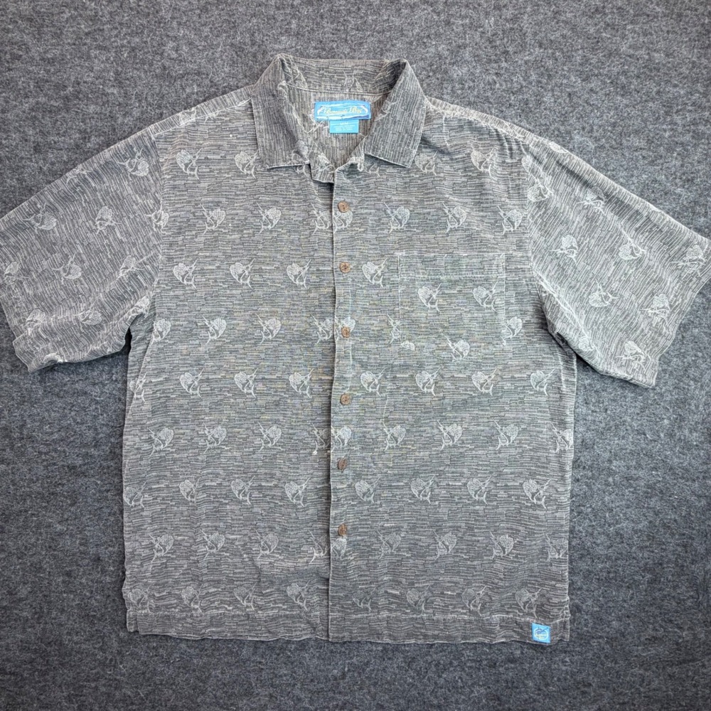 Bermuda Bay Button Up Shirt Mens Medium Gray 100% Silk Marlin Fish Print Aloha